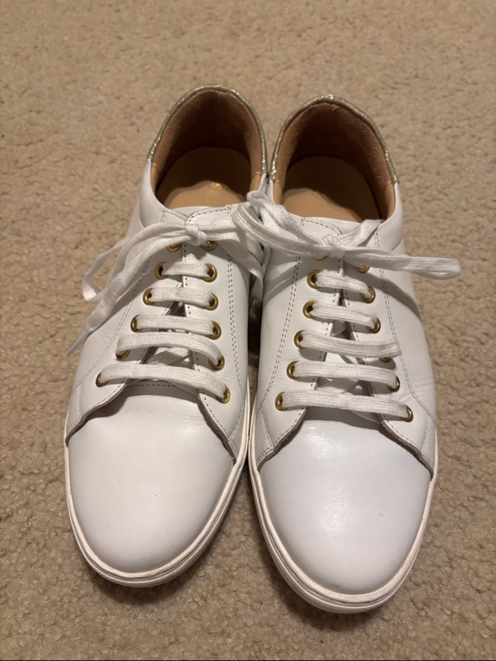 Jack Rogers White Leather Sneakers with Gold Trim